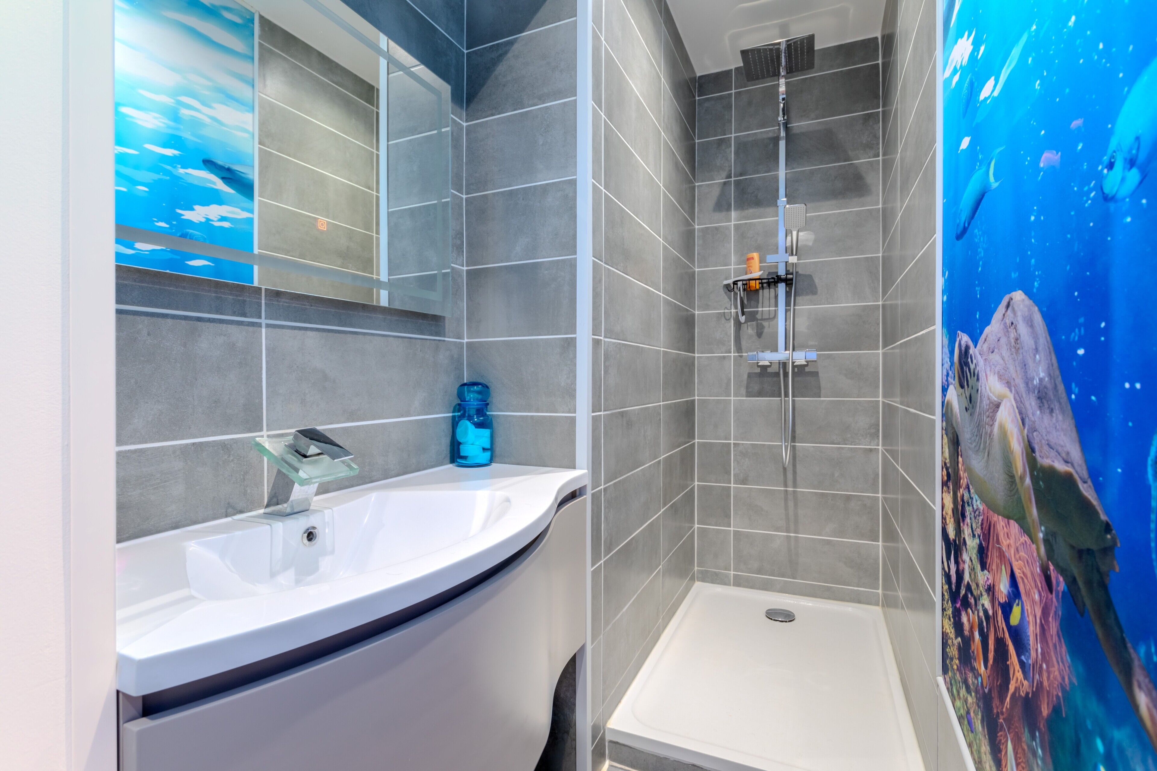 Chuveiro, secador de cabelo, toalhas de banho 