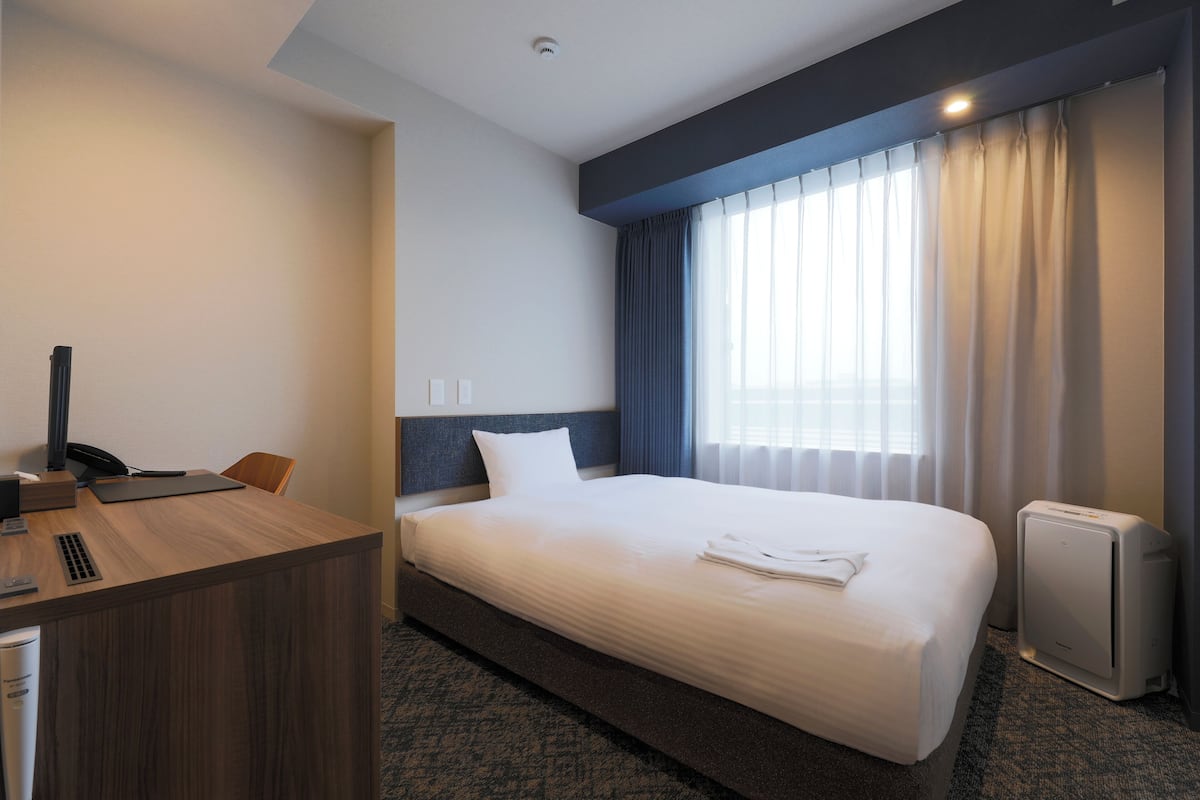 A hotel room with a large bed, a desk, a chair, a heater, and a window with curtains.