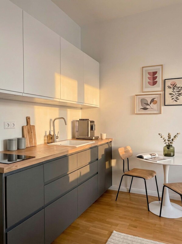 A modern kitchen with a built-in oven, a coffee machine, and a sink. There is a dining area with a table and chairs. - TurnKey | Angelo Roma Studio V (Praha 2)