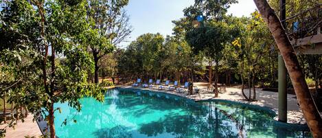 A swimming pool surrounded by trees and lounge chairs.