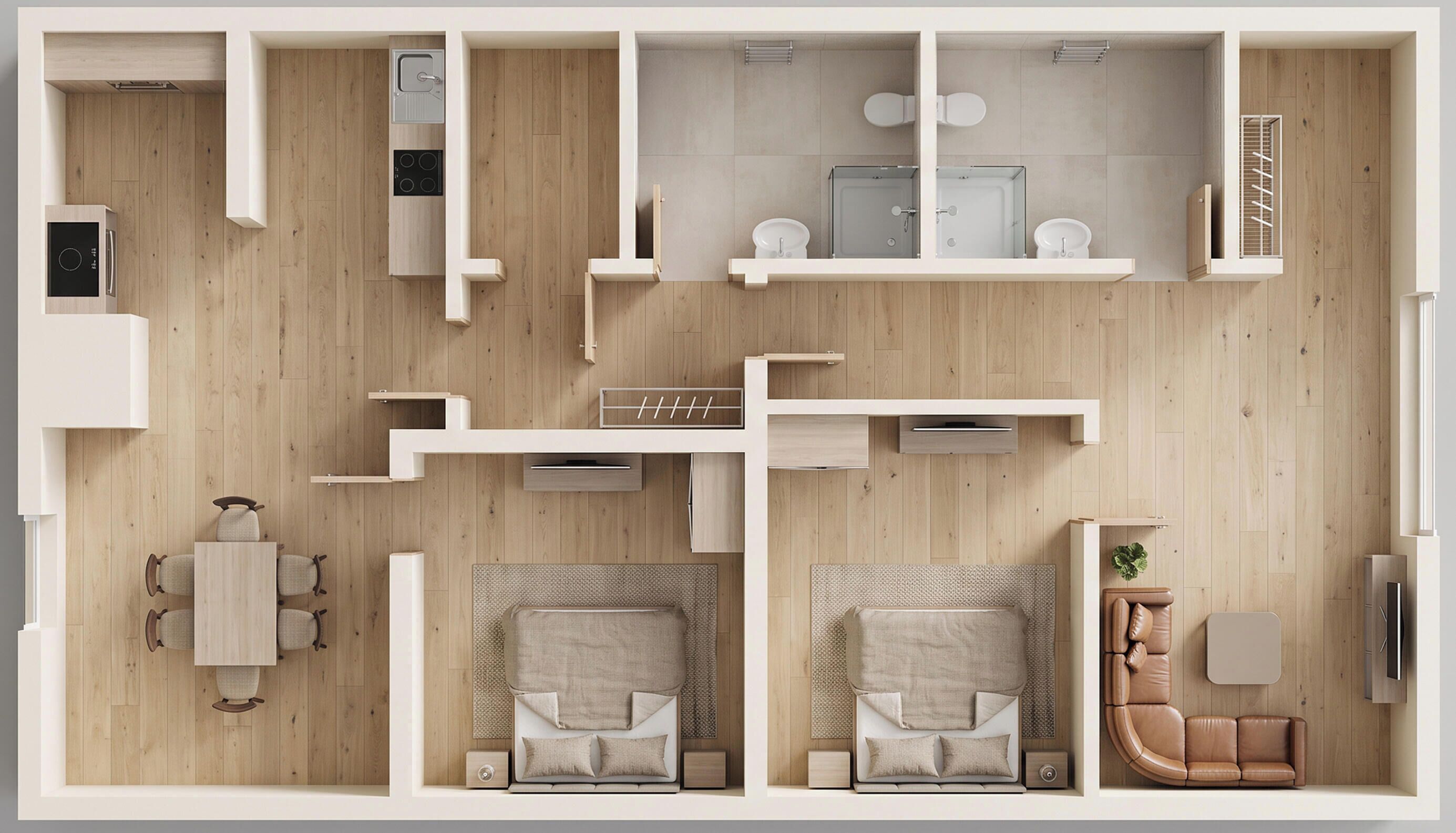Ein modernes Apartment mit einer Küche, einem Essbereich, zwei Schlafzimmern, einem Badezimmer und einem Wohnzimmer.