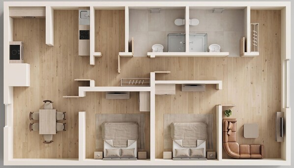 A modern apartment layout with a kitchen, dining area, two bedrooms, a bathroom, and a living room. - Großzügige Ferienwohnung in Ahlbeck in Zentraler Lage für max 4 Personen (Seebad Ahlbeck)