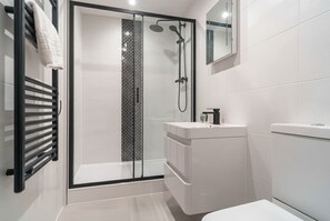 Shower, hair dryer, towels