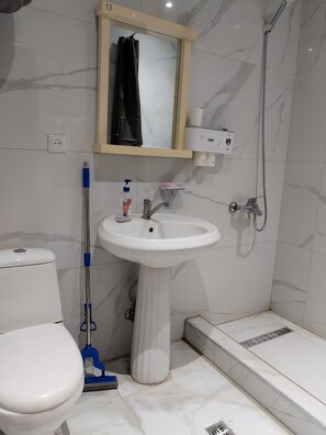 Sèche-cheveux, serviettes fournies, savon, shampoing