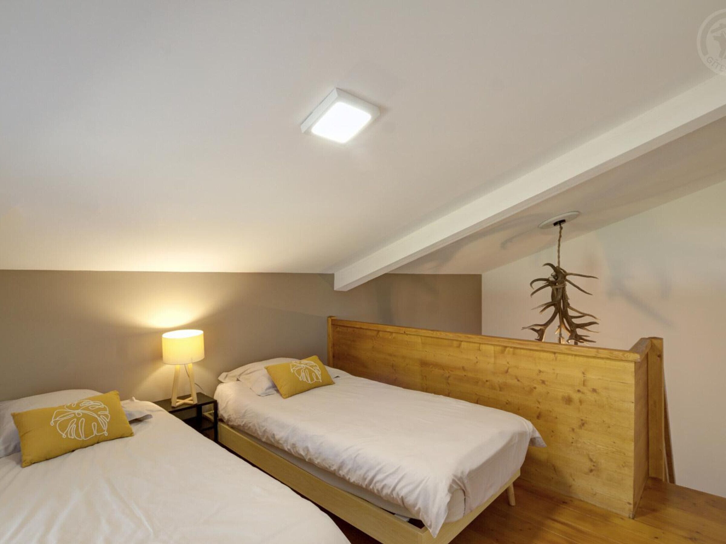 A room with two beds, wooden headboards, a hanging plant, and a ceiling light.