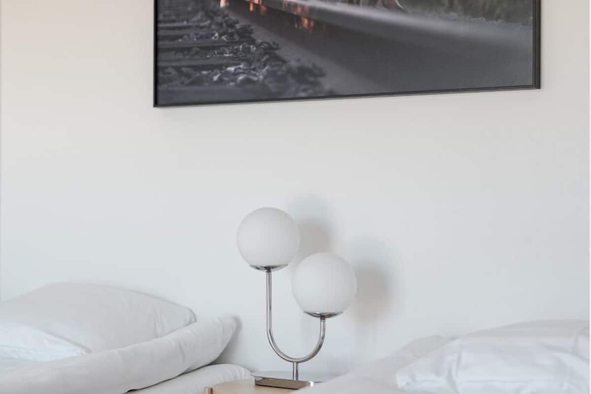 Ett inramat fotografi av vilda djur hänger på väggen ovanför en säng, och bredvid sängen står en sänglampa.