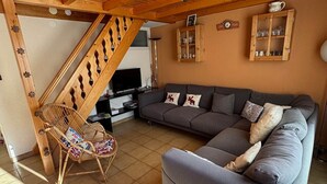 Un salon chaleureux avec un canapé gris, un fauteuil en osier, un téléviseur et des meubles en bois.