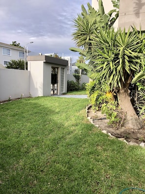 A well-maintained grassy lawn with a small tree and a building with a black gate.