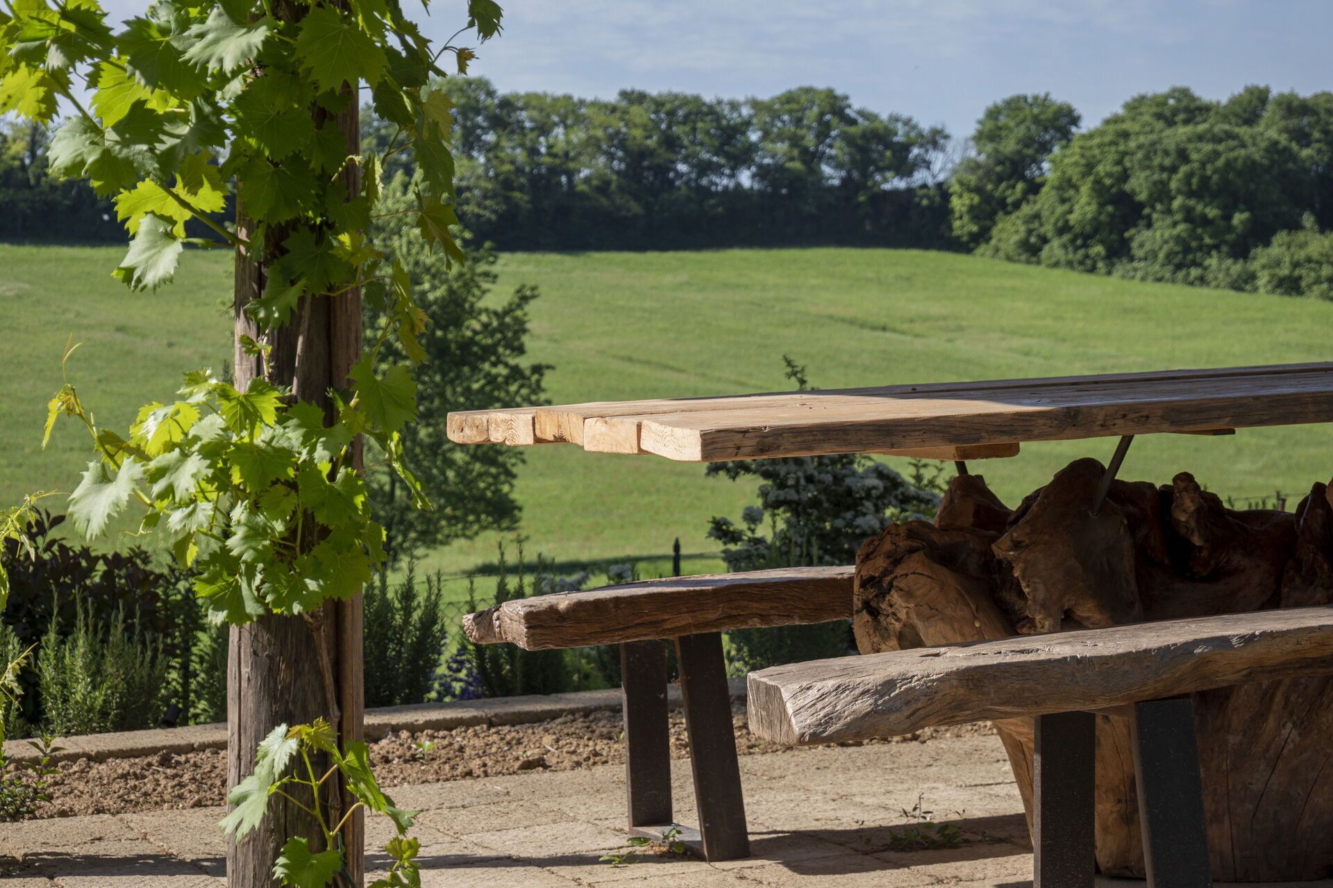 Un banc en bois rustique, doté d’une base en pierre, placé devant un champ verdoyant et des arbres.
