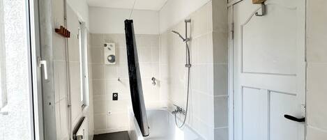 Hair dryer, towels, soap, toilet paper