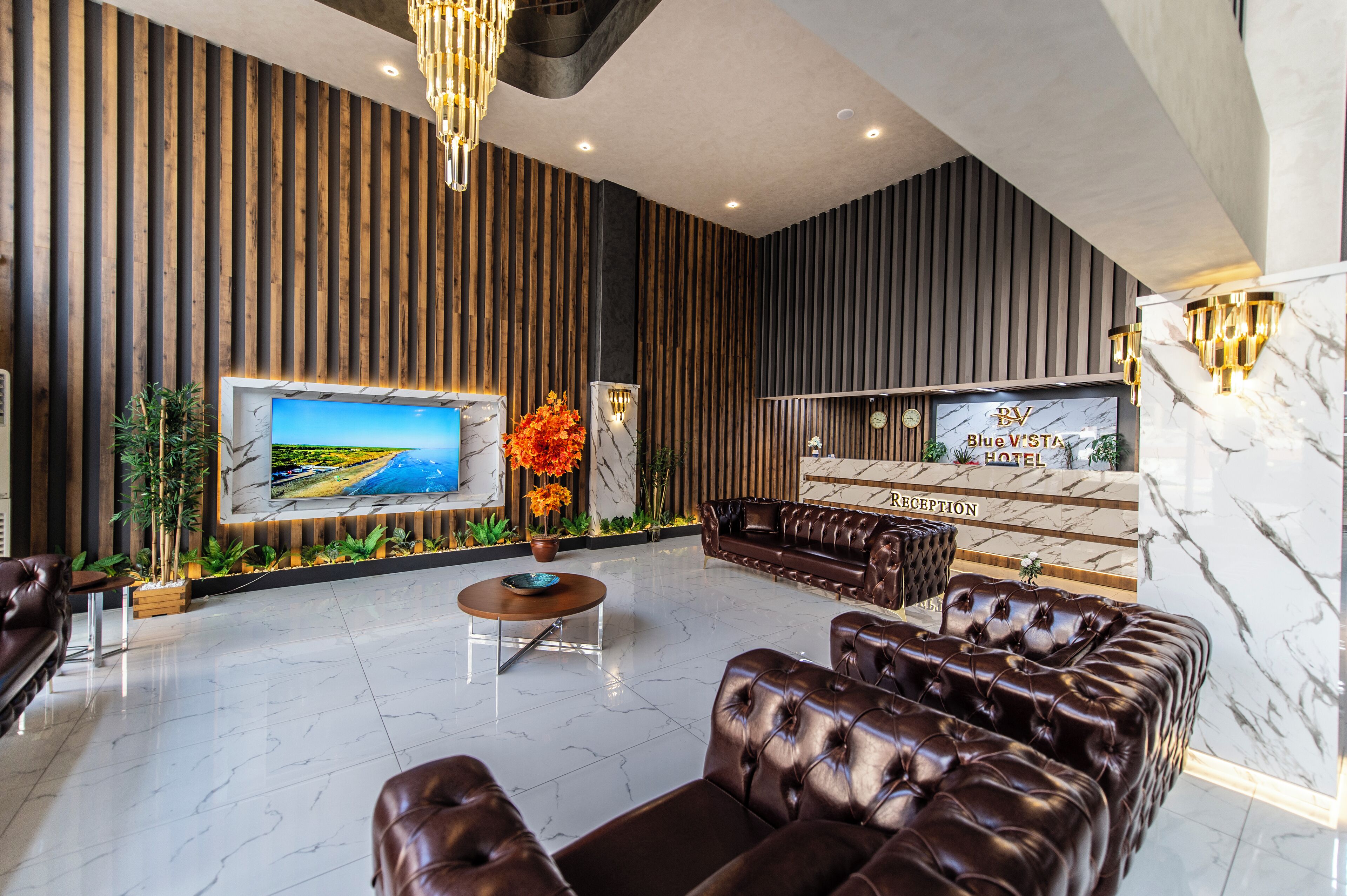 A modern hotel reception area with a large flat-screen TV, a reception desk, leather sofas, and a decorative plant arrangement.