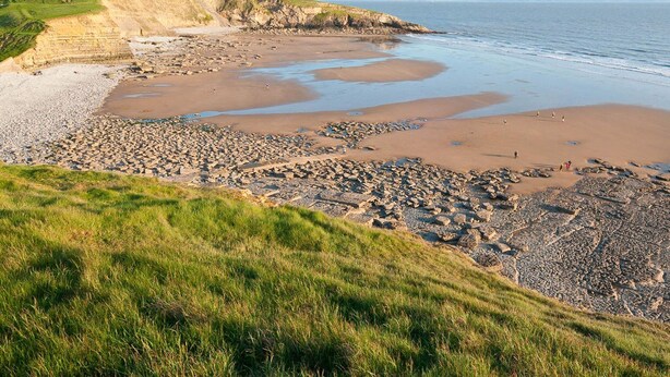 A coastal landscape with a pebbly beach, grassy areas, and cliffs.