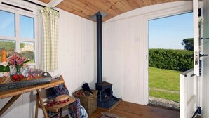 A cozy room with a wooden ceiling, a fireplace, a window with curtains, and a view of a green landscape.