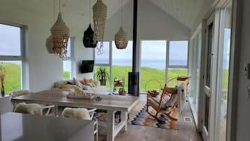 Smart TV, lareira, livros, biblioteca musical
