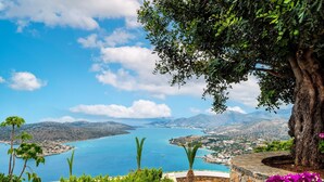 A scenic view of a coastal area with a clear blue sea, lush greenery, and a stone pathway leading to a pool area. - Leyla Luxury Villa with Spinalonga View (Vrouchas)