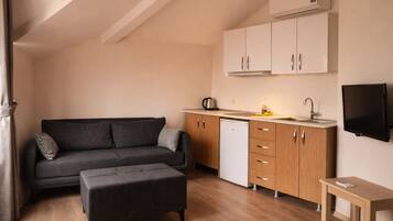A compact living space with a sofa, ottoman, kitchenette, and a TV mounted on the wall.