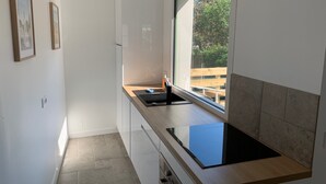 Eine moderne Küche mit großem Fenster, Einbauherd und einer Arbeitsfläche mit Spüle.