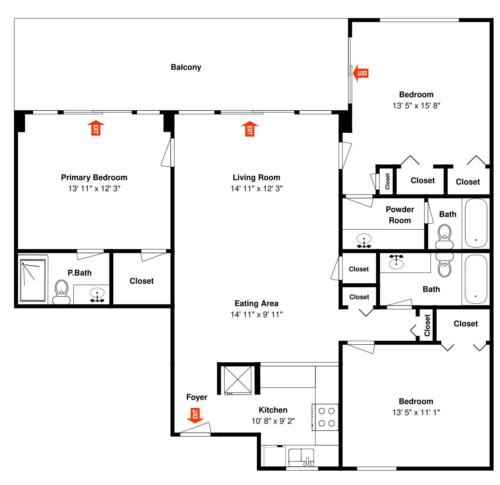 Een plattegrond van een hotel met balkon, hoofdslaapkamer, zitkamer, eethoek, keuken, gasttoilet en twee badkamers.
