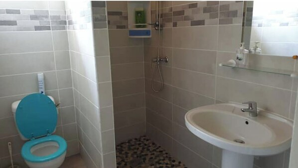 Un baño con inodoro, ducha y lavamanos.