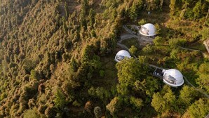 Two dome-shaped structures surrounded by dense forest, connected by a winding pathway. - Avalon Cottages Kanatal (Tehri)