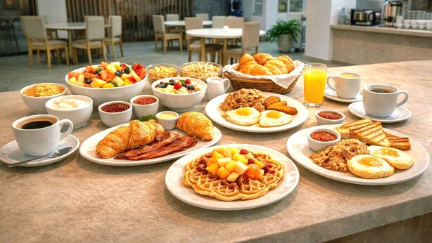 A breakfast buffet with various dishes, including waffles, croissants, and fruit bowls. - Lotto Hotel Boutique (Cali)