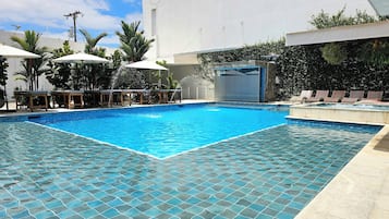 Outdoor pool, open 8:00 AM to 8:00 PM, pool umbrellas, sun loungers