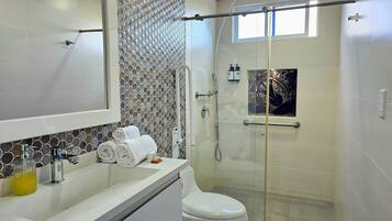 A modern bathroom with a glass shower enclosure, a white toilet, and a vanity with a tiled backsplash.