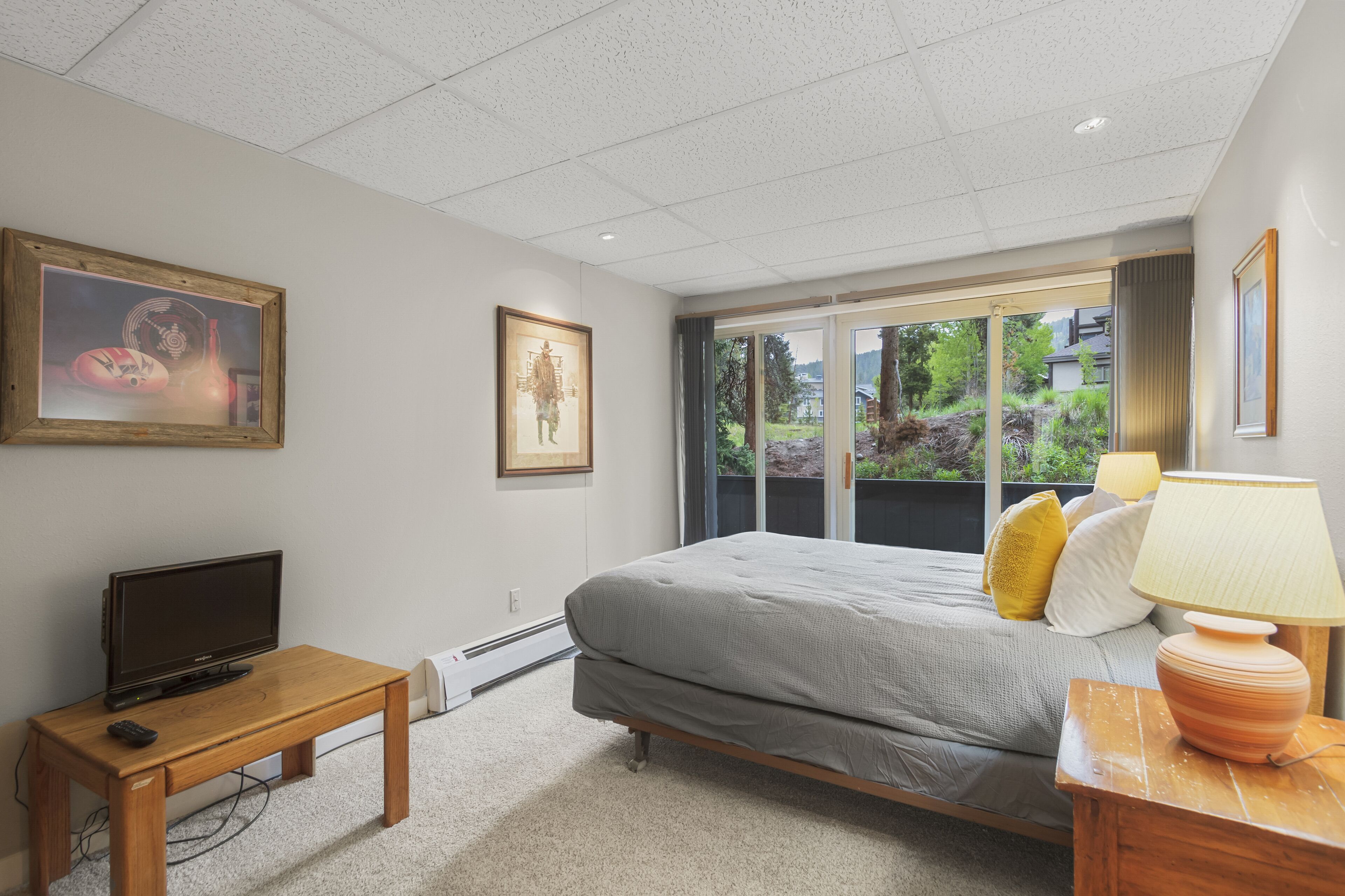 Un dormitorio con cama, televisor y ventana con vistas a zonas verdes.