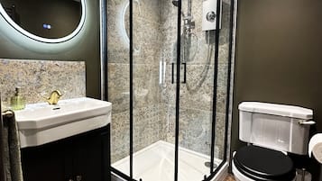 Hair dryer, towels, soap, shampoo