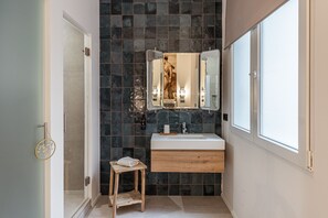 Shower, hair dryer, towels