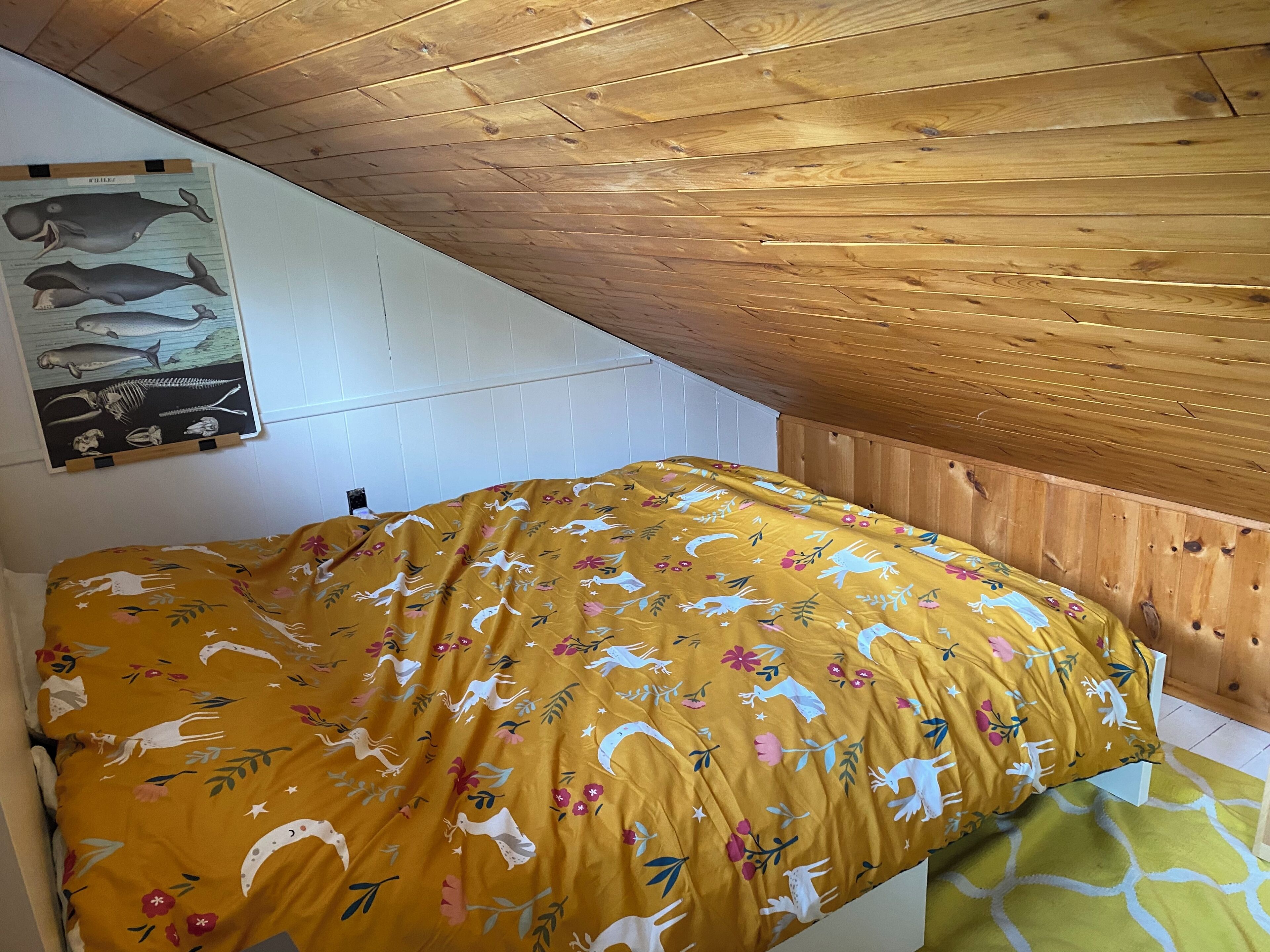 Ein Schlafzimmer mit Holzbalkendecke, einem Bett mit gelb-blumigem Überwurf und einem an der Wand befestigten Poster mit Walen und ihren Skeletten.