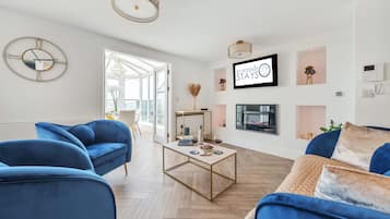 Smart TV, fireplace, books, music library