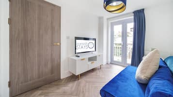 Smart TV, fireplace, books, music library
