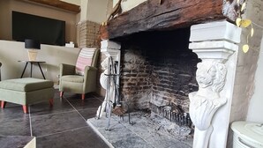 Ett vardagsrum med en öppen spis, en tv och en tavla på väggen.