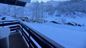 Un paysage montagneux enneigé avec un balcon en bois donnant sur une forêt et des montagnes recouvertes de neige.