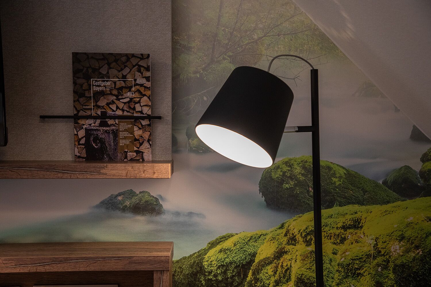 Un intérieur moderne avec un mur en pierre, un tableau encadré et une lampe.