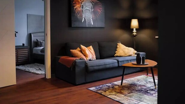 Una sala de estar moderna con un sofá oscuro, cojines coloridos, una mesa de centro y un cuadro de un elefante.