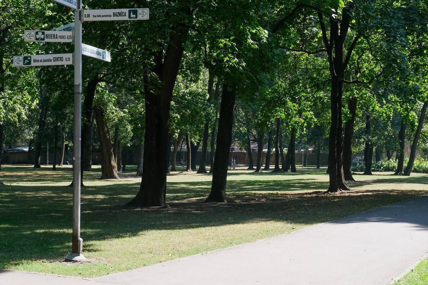 A park with a directional signpost and a paved path.