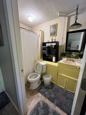Une salle de bain avec des toilettes, un lavabo et un miroir. On y trouve un rideau de douche, une poubelle et une étagère avec des articles de toilette.