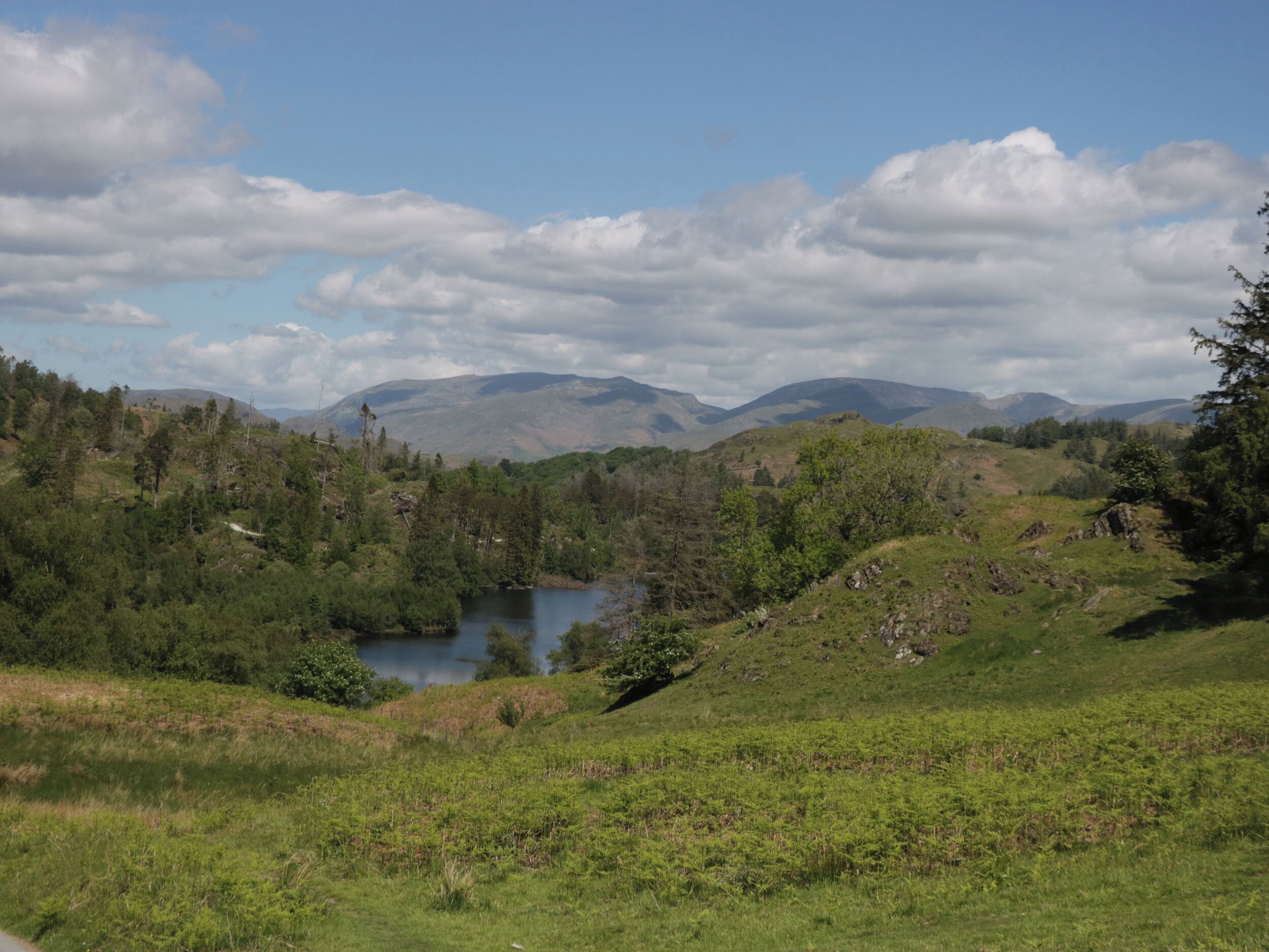 A natural landscape with a lake, hills, and a clear sky.