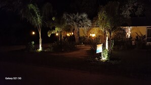 Ein Nachtblick auf ein Anwesen mit einem Weg, der zu einem Gebäude führt, umgeben von Bäumen und beleuchtet mit Lichterketten.