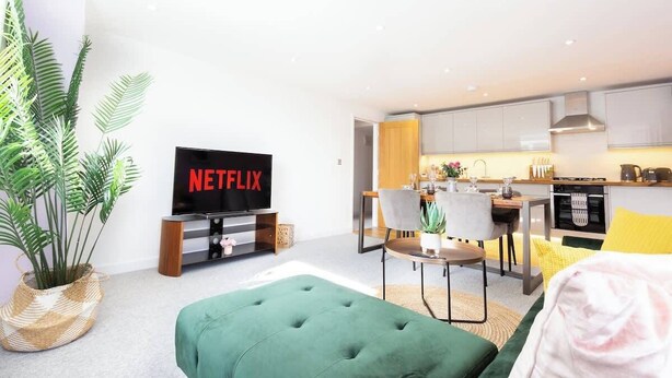 Ein modernes Wohnzimmer mit einem grünen Sofa, einem Flachbildfernseher, der 'NETFLIX' zeigt, einem Essbereich mit Tisch und Stühlen sowie einer Küche mit Schränken und einem Herd.