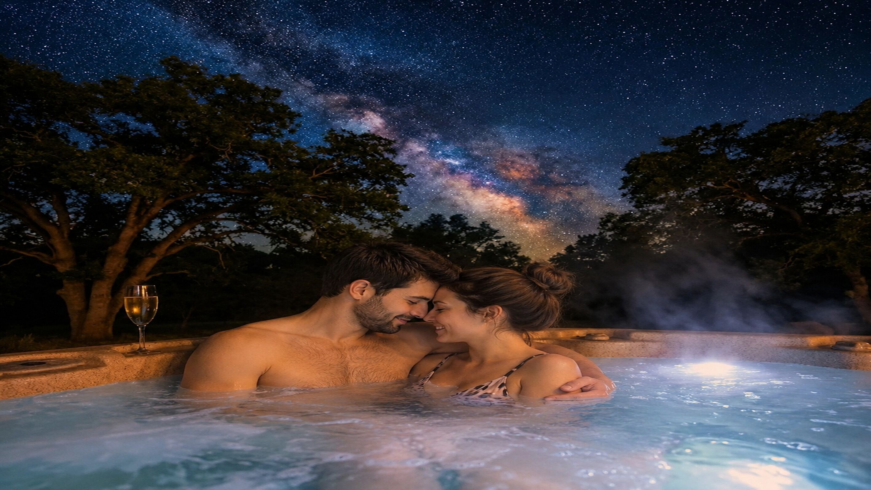 A couple in a hot tub with a night sky view, surrounded by trees.