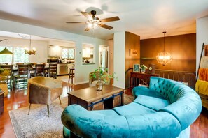 TV, fireplace, table football - 5BR Pocono Mtn Home w/ Hot Tub & Game Room! (East Stroudsburg)