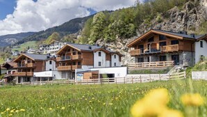 Una hilera de edificios de estilo chalet de madera con balcones, frente a un paisaje de montañas y cielo despejado.