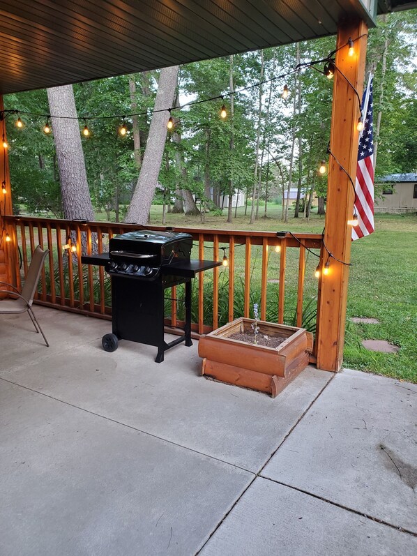 Un espace extérieur abrité comprenant un barbecue, une terrasse en bois et un bac à fleurs.