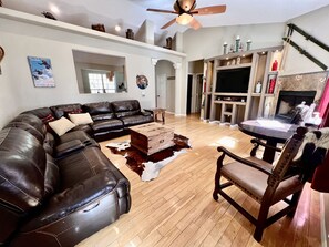 Smart TV, fireplace, books