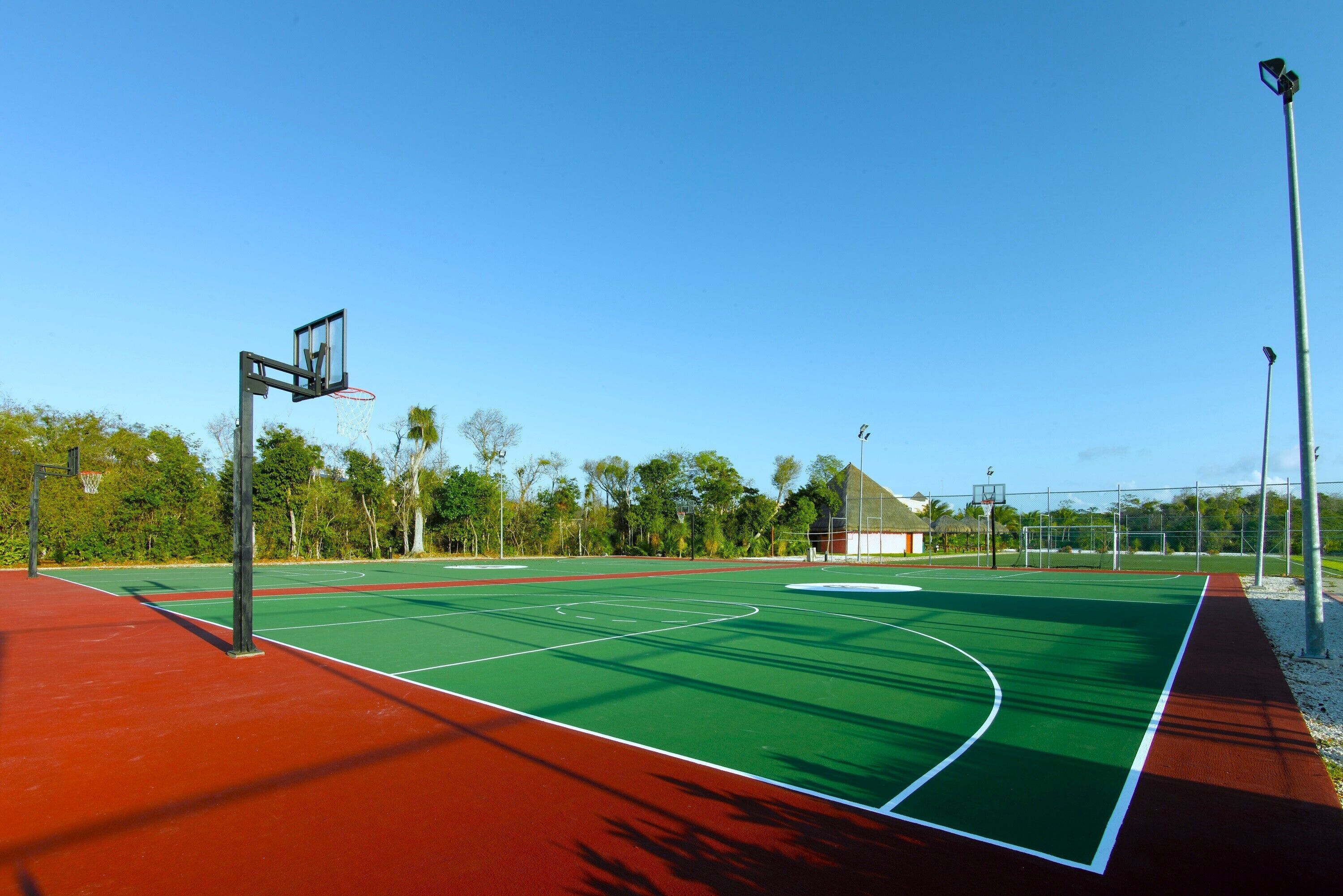 An outdoor basketball court with a green playing surface, red borders, and a single basketball hoop.