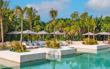 A clear blue pool with lounge chairs and umbrellas, surrounded by palm trees.