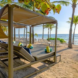 Plage privée, sable blanc, chaises longues, parasols